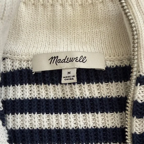 Madewell Navy and White Striped Quarter zip 100% Cotton Sweater - Picture 2 of 7